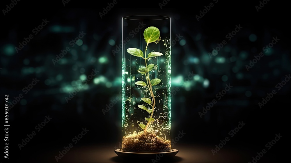 Biotechnology concept plant germination illustration on dark background with glowing sprout in test tube