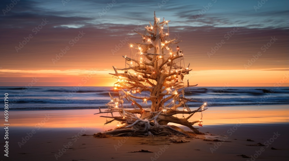 An Australian beach Christmas with a driftwood tree lit up at sunrise or sunset - obrazy, fototapety, plakaty 