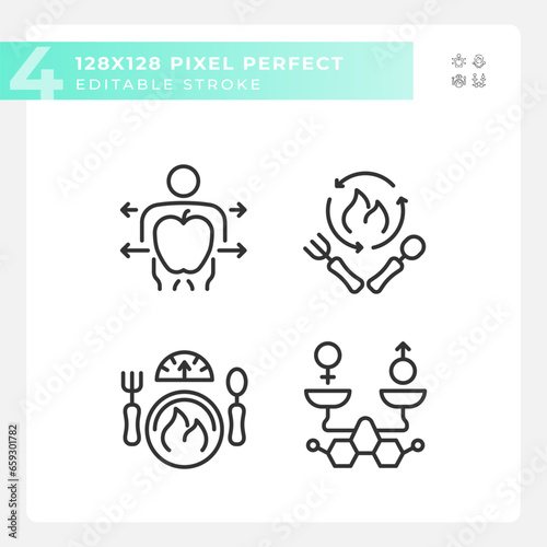 2D pixel perfect black icons collection representing metabolic health, editable thin line illustration.