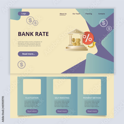 Bank rate flat landing page website template. Fluctuation, self investing, payment method. Web banner with header, content and footer. Vector illustration.