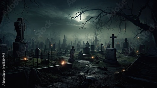 Dark graveyard with vintage headstone illustration