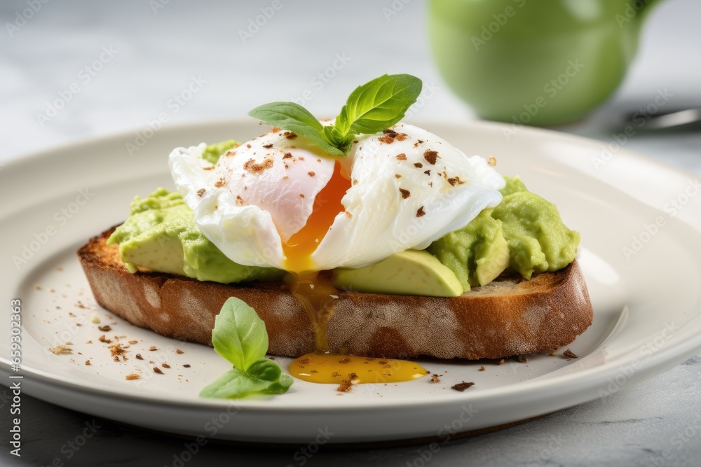 Healthy breakfast whole wheat toasted bread with avocado and poached egg.
