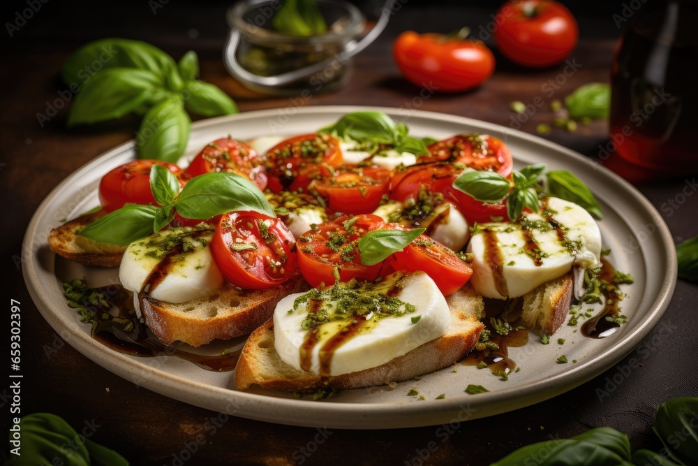 Bruschetta with tomatoes, mozzarella and basil Bruschetta with tomatoes, mozzarella and basil