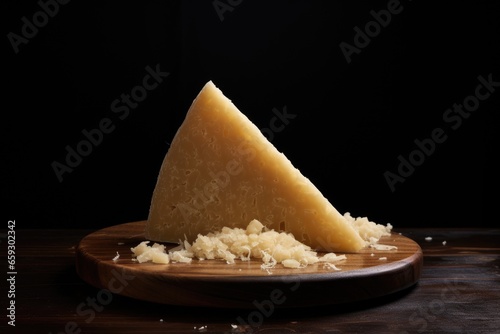 Parmesan cheese on wooden board, closeup.