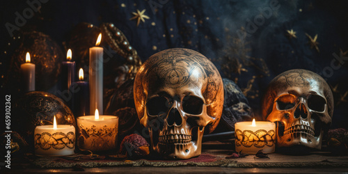 Decorated Skulls with Candles and Roses on Table under Dim Light: A panoramic shot of ornate skulls, lit candles, and roses creating a spooky setting ideal for Halloween.
