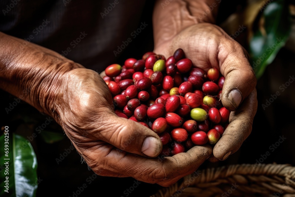 Close-up arabica coffee berries with agriculturist hands Close-up arabica coffee berries with agriculturist hands