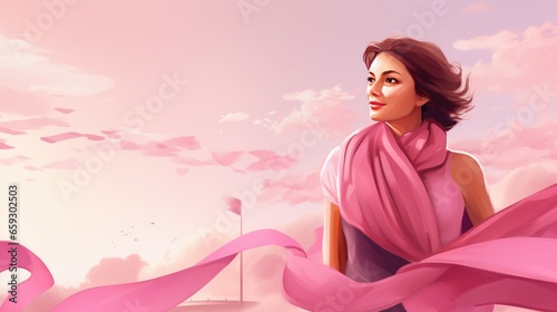 Survivor Woman on a Pink Banner For Cancer Awareness Month with Space for Copy- generative AI, fiction Person