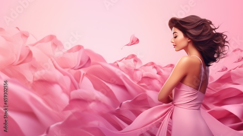 Survivor Woman on a Pink Banner For Cancer Awareness Month with Space for Copy- generative AI, fiction Person