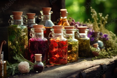 Bottles of tincture or infusion of healthy medicinal herbs and healing plants. Herbal medicine.