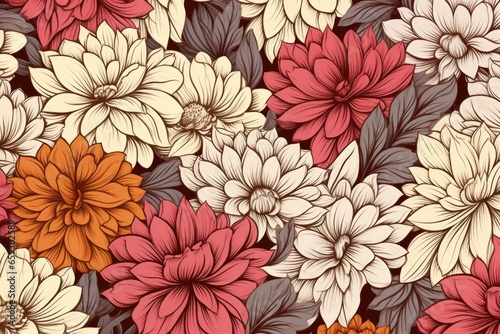 Seamless pattern florals. Retro style linedrawn.