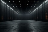 Contemporary storage facility displaying darkness, vacant cargo storage, and illumination at the distant side. Generative AI