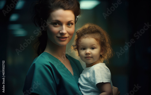 female nurse with young child on a hospital