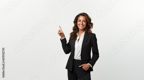 Captivating shot of confident businesswoman gesturing towards the spacious white background for promotional content- generative AI, fiction Person