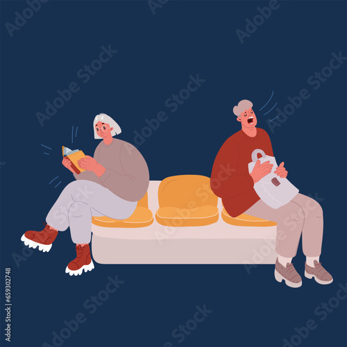Cartoon vector illustration of people, man and woman in waiting room of a hospital or another establishment