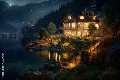 a night scene with illuminated hillside house and water view. Generative AI © Khaled