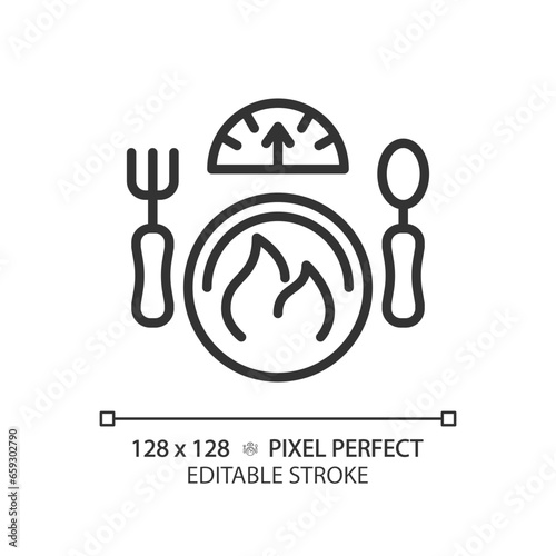 2D pixel perfect editable black diet and weight icon, isolated monochromatic vector, thin line illustration representing metabolic health.
