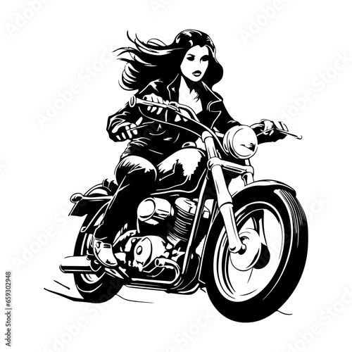 Sexy girl ride a motorbike. Biker party poster design. Vector illustration, Retro motorcycle skull Riding, black and white detailed vector illustration isolated without backdrop, flat style. Icon of a