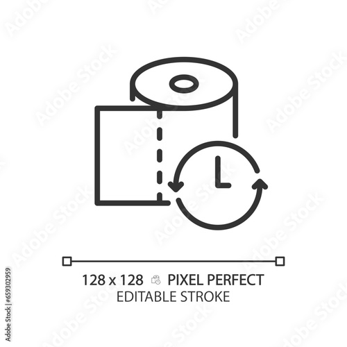 2D pixel perfect editable black toilet paper with clock icon, isolated monochromatic vector, thin line illustration representing metabolic health.