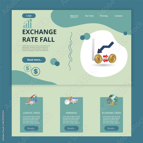 Exchange rate fall flat landing page website template. Logistic crisis, embargo, economic crisis. Web banner with header, content and footer. Vector illustration.