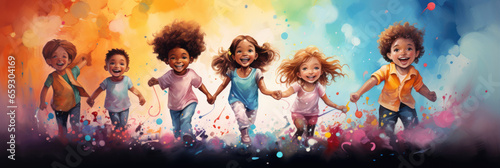 Happy children holding hands and running in paint drawing style. Horizontal banner