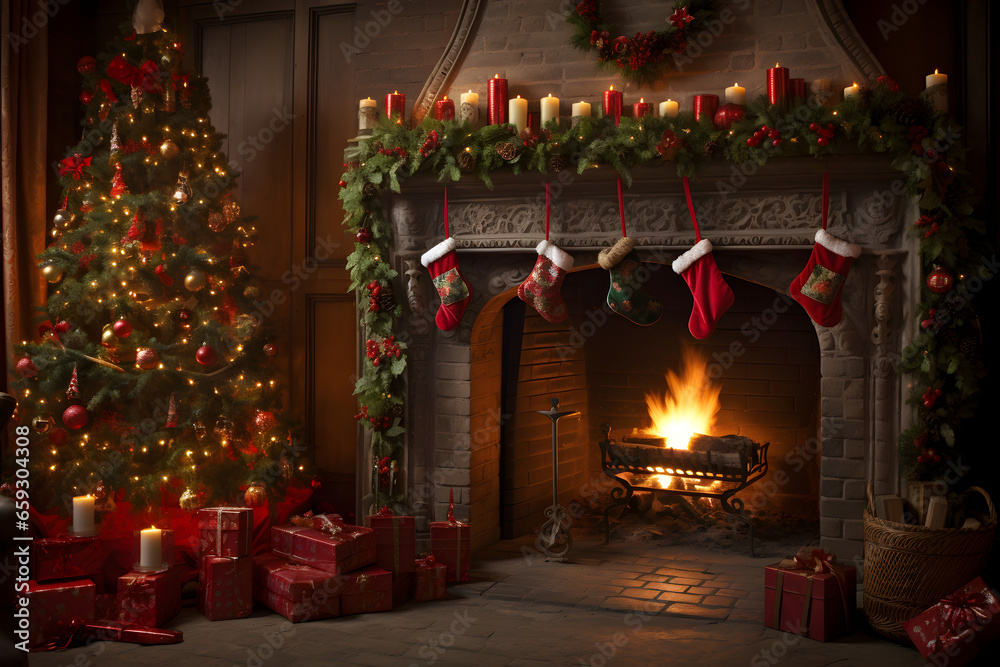 Warmth and Cheer, A Festive Christmas Tree Glows Beside a Cozy Fireplace. Warmth and Cheer, A Festive Christmas Tree Glows Beside a Cozy Fireplace.