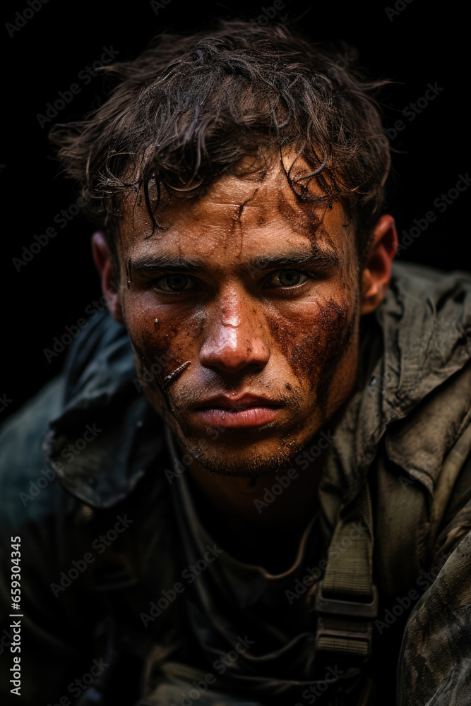 Fototapeta premium Anxiety and fear reflected on a soldier's face during a conflict operation in Israel 