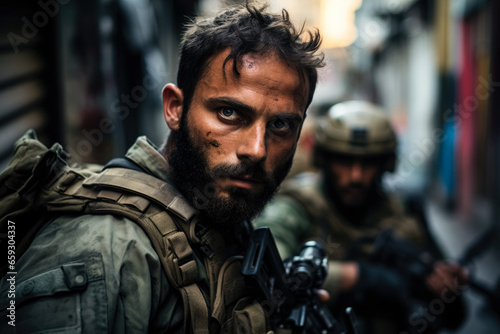 Steely Determination: Portraying an Israeli soldier's intense focus during an urban military operation amidst chaos in Israel 