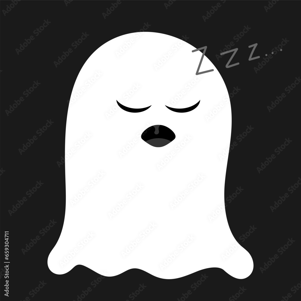 Cute sleeping ghost with open mouth. White ghost isolated on a black background. Cartoon flat simple illustration. Calm ghost. Halloween character.