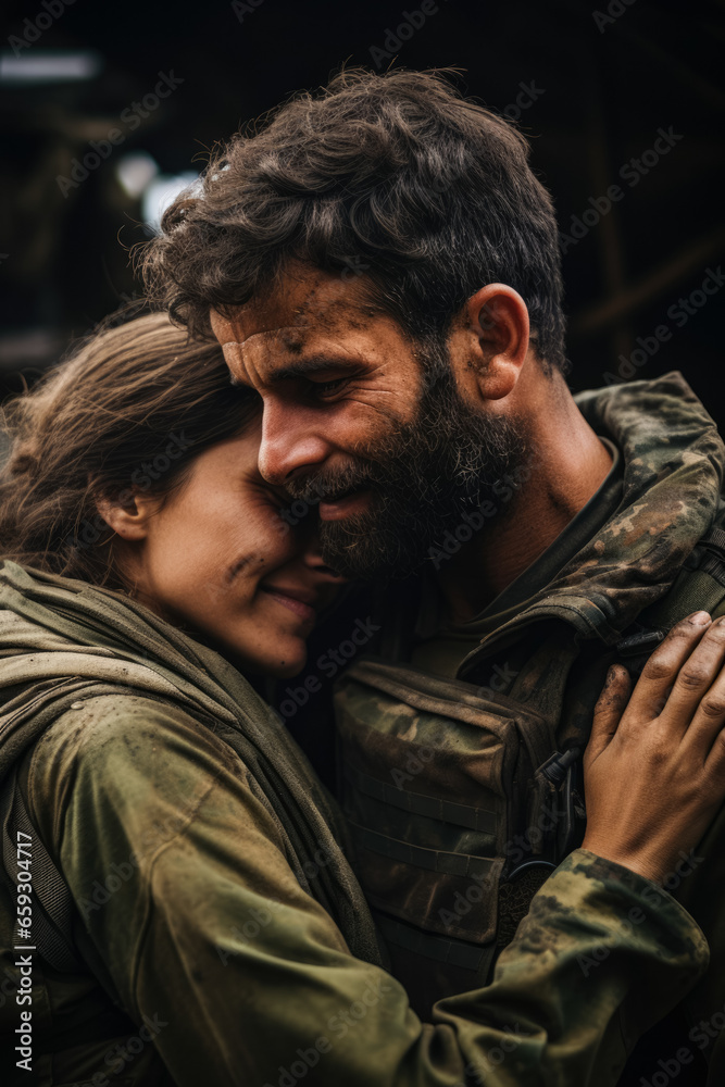 Fototapeta premium Nostalgia and longing: Capturing the heartfelt emotions of an Israeli soldier recalling home during a military operation 