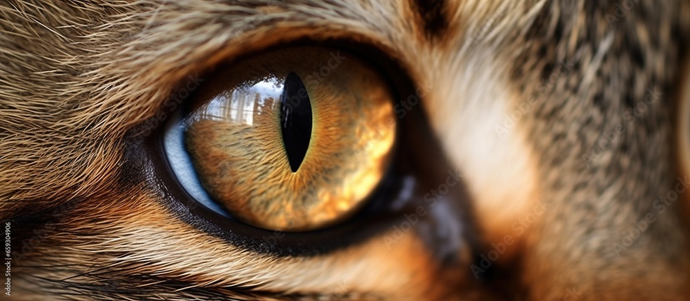 Close-up of a cat's eye. Macro photography of a cat's eye. - obrazy, fototapety, plakaty 