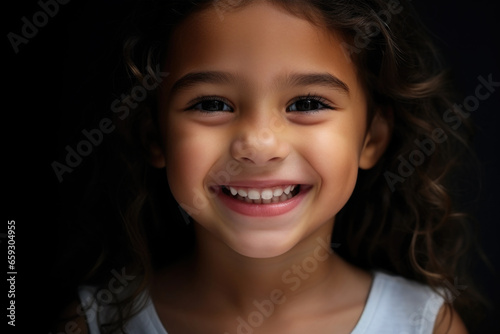 Close up of beautiful smiling little girl with white perfect teeth