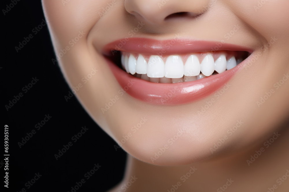 Closeup of woman smile with white healthy teeth Closeup of woman smile with white healthy teeth