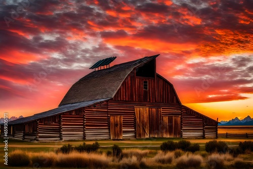 red barn in sunset