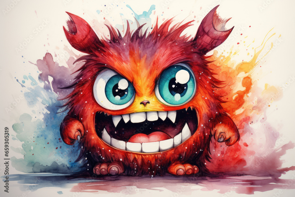 Little angry shaggy monster in watercolor drawing style