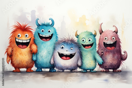 Group of colored shaggy monsters in the style of a watercolor drawing © Michael
