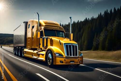 On the highway, a fast yellow semi-truck