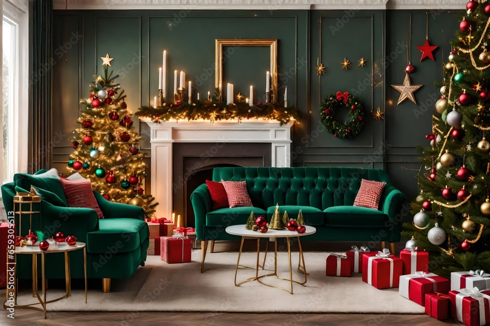 Stylish christmas living room interior with green sofa, white chimney, christmas tree and wreath, stars, gifts and decoration. Family time