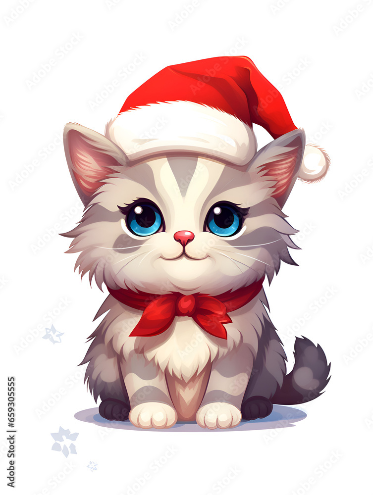 Cartoon illustration of cute cat with red Christmas hat on white background Cartoon illustration of cute cat with red Christmas hat on white background