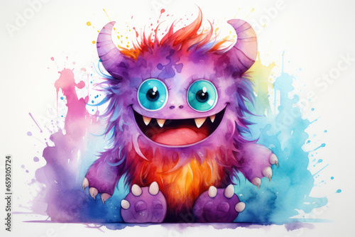 Cute smiling furry monster in watercolor drawing style