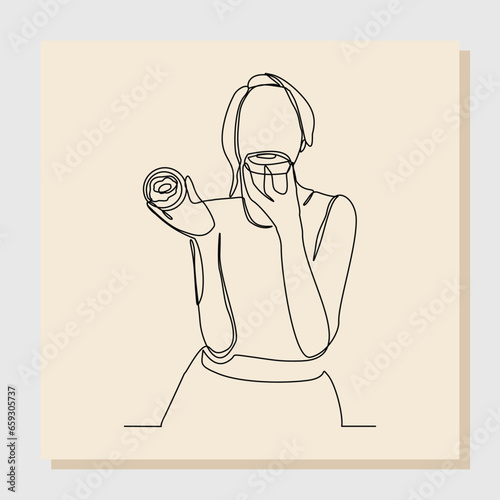 Continuous single one line drawing of woman hold and eat sweet donut in closeup portrait. Vector illustration