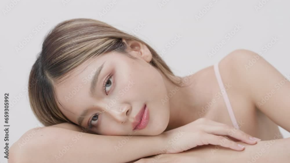 Asian beauty woman smile happily with armpit - hair removal concept Asian beauty woman smile happily with armpit - hair removal concept