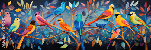 Children's background of colored birds on a branch. Horizontal banner