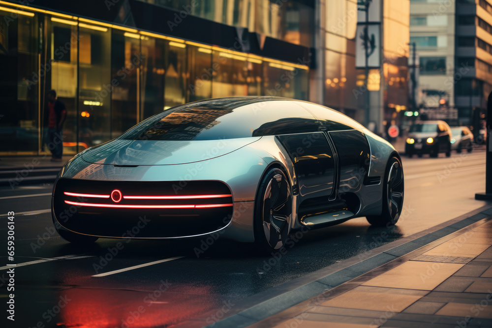Self-driving futuristic car of the future on the highway Self-driving futuristic car of the future on the highway