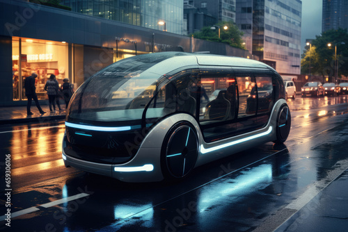 Futuristic self-driving electric car with autopilot on the road