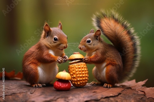 A squirrel and hedgehog holding nuts. Generative AI