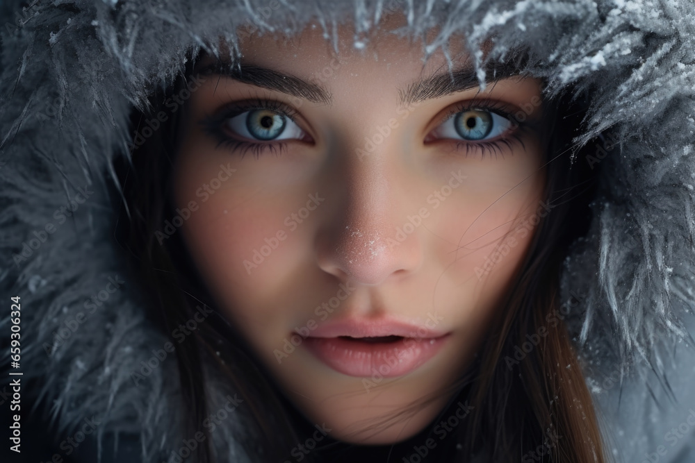 Portrait of a beautiful young winter woman close up