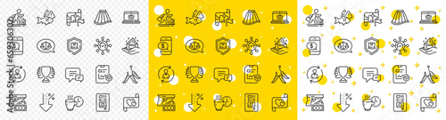 Outline Package protection, Person info and Online shopping line icons pack for web with Low percent, Destination flag, Comment line icon. Coffee break, Robbery, Skin care pictogram icon. Vector