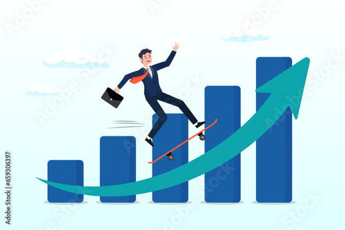Smart businessman company leader riding skateboard fast on rising up profit graph diagram, business growth moving forward, company recover from crisis and accelerate growing up (Vector)