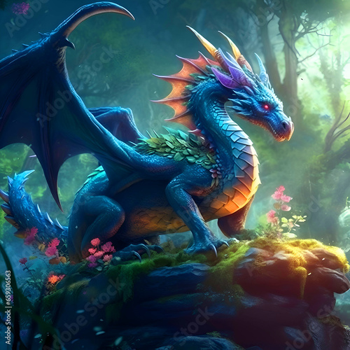 dragon in the forest. 3D rendering and illustration. fantasy.