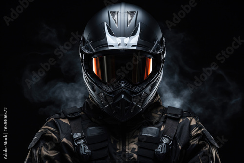 motorcyclist in black motorcycle equipment, helmet and jacket